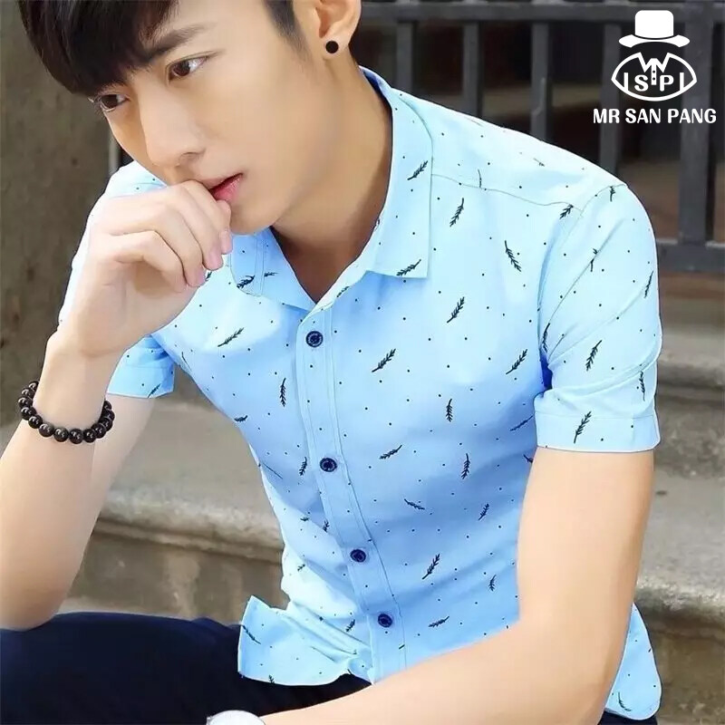 MSP Men Shirt Summer Men's Turn-down Collar Short-sleeved Shirt Cotton Breathable Shirt Casual Printing Feather Men's Clothing