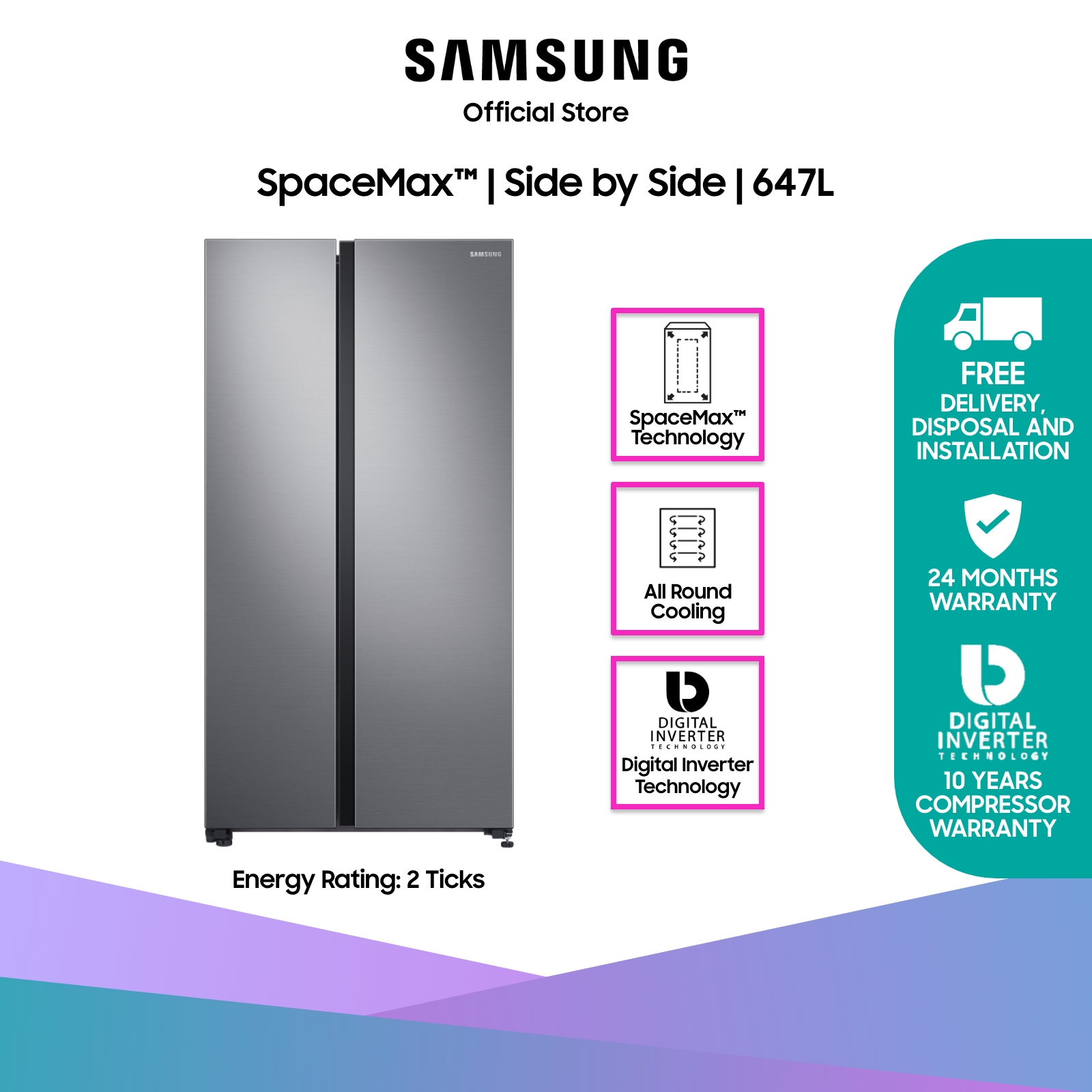 [Bulky] SAMSUNG RS62R5004M9/SS, Side-by-side Refrigerator, 647L, 2 Ticks