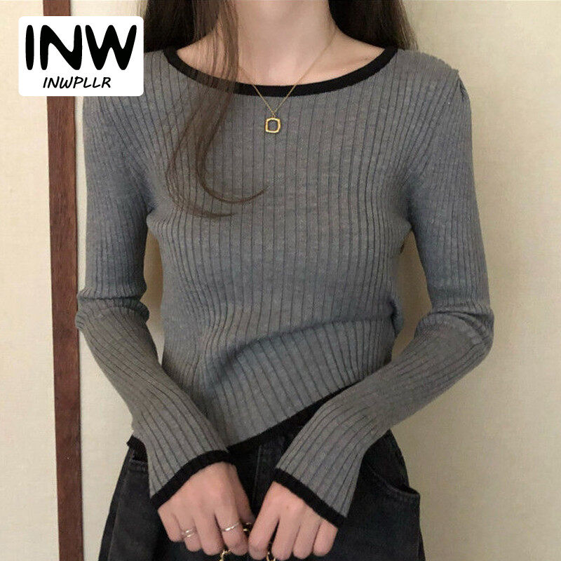 INWPLLR Korean Style Women's Tshirts Solid Knitted Tops Tees Multi Colors Female Tops Casual O-Neck Long Sleeve T-shirts