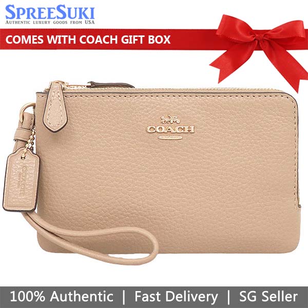 Coach Wristlet In Gift Box Small Wristlet Double Corner Zip In Pebbled Leather Taupe Nude Beige # 6649