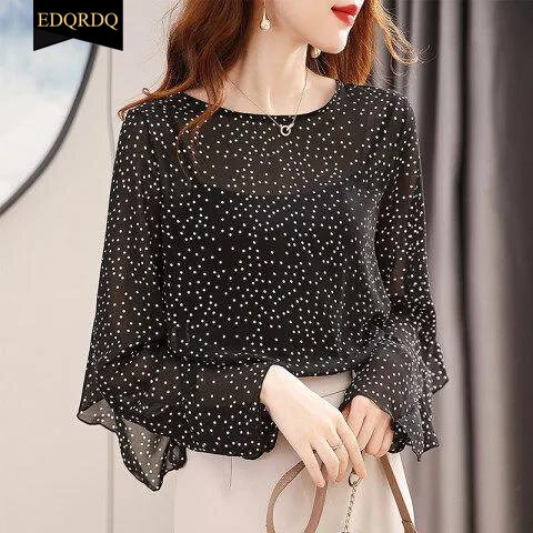 EDQRDQ Women's Crew Neck Ruffle Sleeve Shirts Elegant Polka Dots Print Workwear Blouse