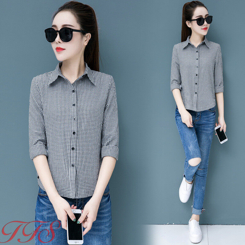 TFS Women Classic Plaid Shirt Long Sleeve Casual Joker Slim Korean Blouse