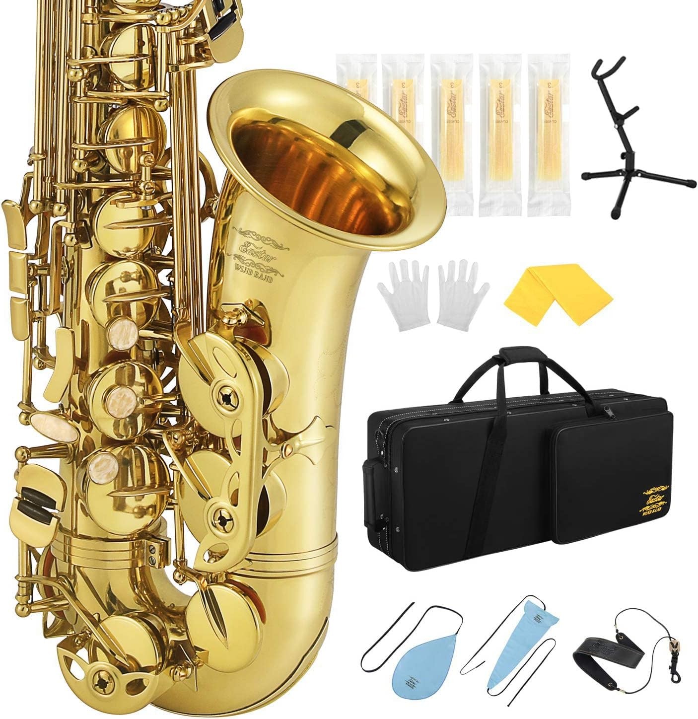 Eastar Professional Alto Saxophone Gold E Flat Eb with Cleaning Kit, Carrying Case, Mouthpiece, Neck Strap, Reeds, Stand, AS-III
