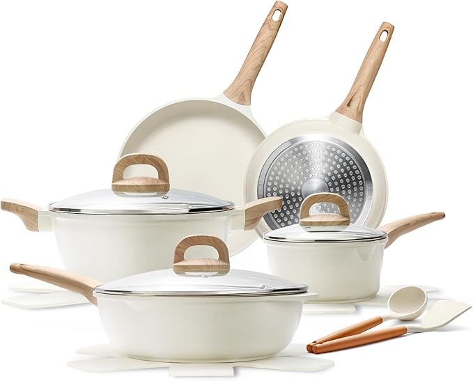 14-piece pot and pan set, non-stick cookware set, granite induction cookware non-stick cooking set with frying pan, saucepan, wok, extra-large casserole, PFAS-free PTFE PFOA perfluorooctanoic acid