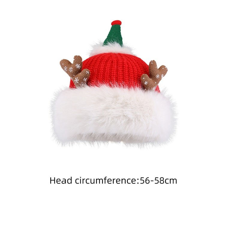 New Cute Christmas Warm And Thick Ear Protection Furry Woolen Hat Antlers Style - Red Top With White Fur Edge F