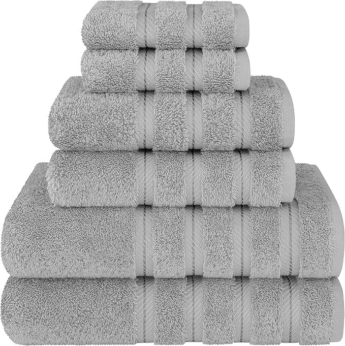 American Soft Linen Luxury 6 Piece Towel Set, 2 Bath Towels 2 Hand Towel 2 Washcloths, 600 GSM 100% Cotton Turkish Towels for Bathroom, Light Grey Towel Sets